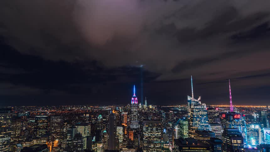 A brightly lit city at night