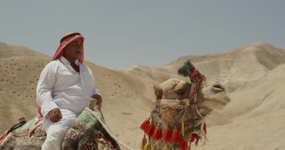 A man is riding a camel in the desert