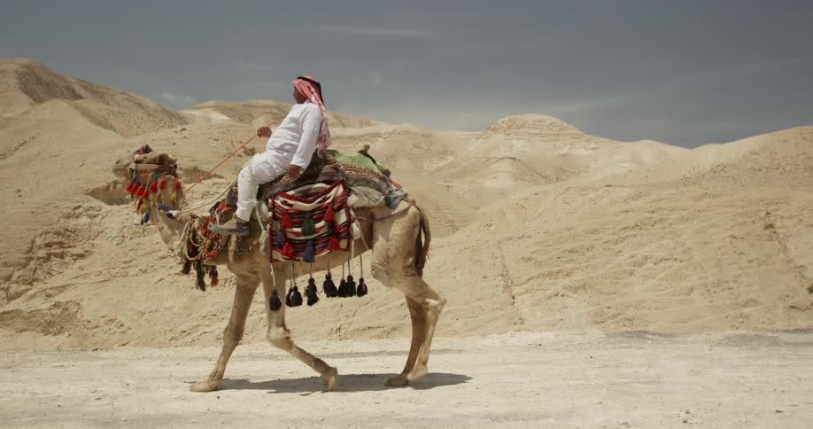 A man rides a camel in the desert