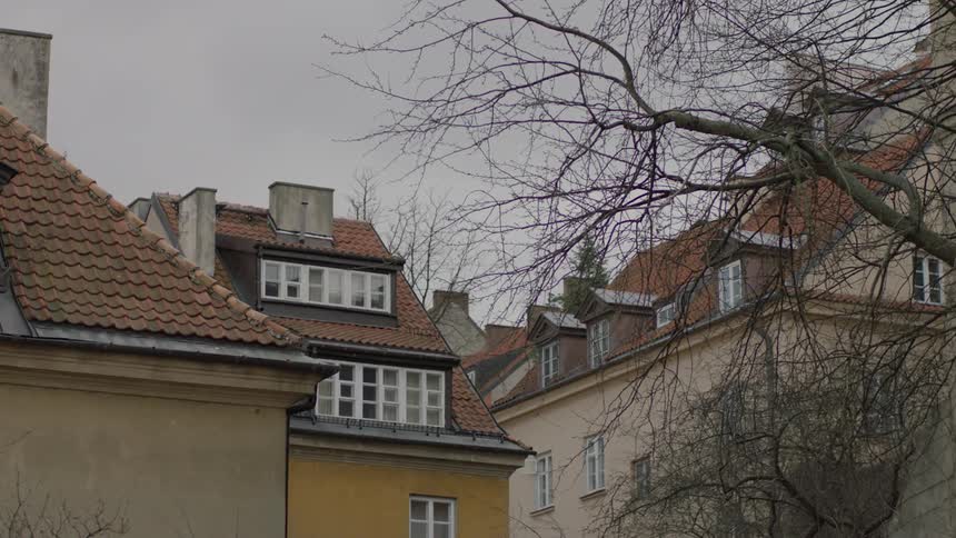 Houses and bare trees sit under a cloudy sky