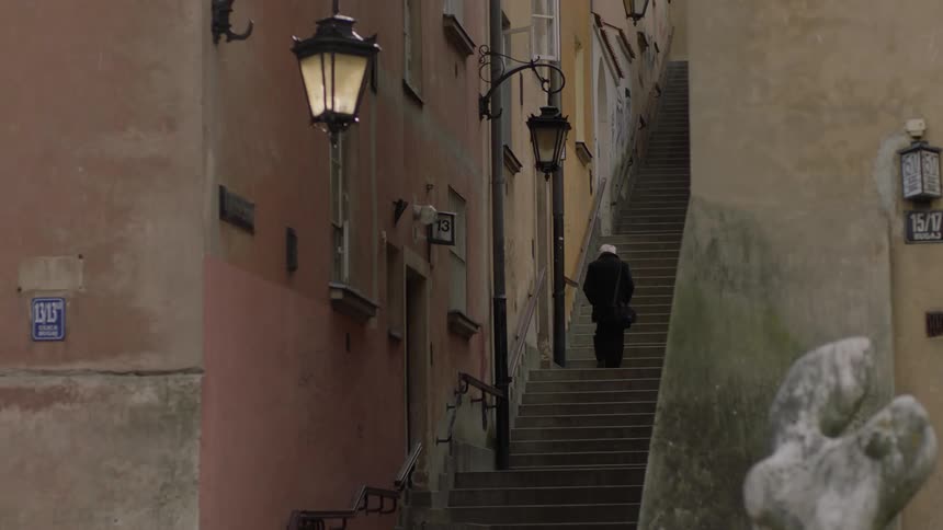 Person walking up a tall staircase between two stone buildings