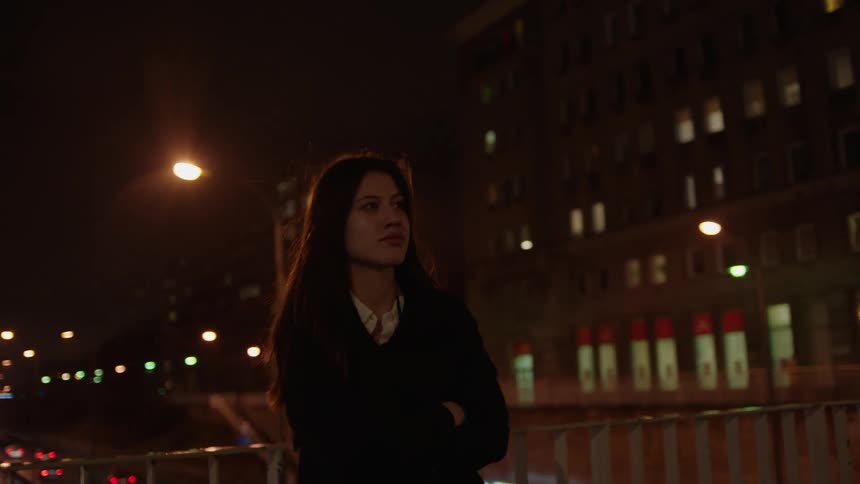 Woman standing on an overpass in a city at night
