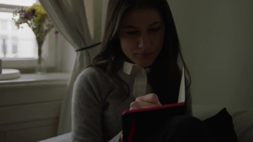 A woman looks back out the window and then writes in her book