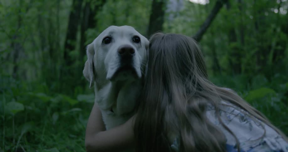 A girl pets and hugs her down in the woods