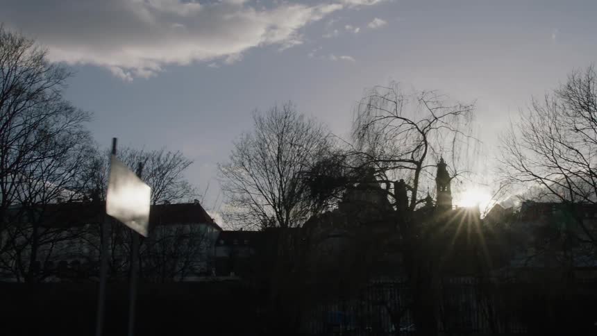The sun shines through buildings and tree branches