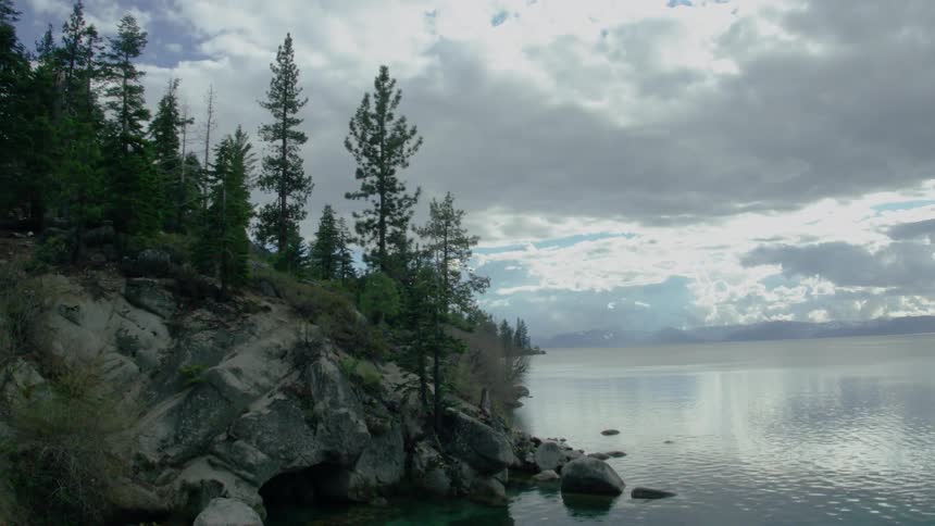 Trees on a rocky cliff next to water on a cloudy day
