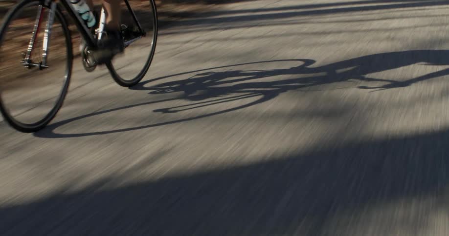 Man pedals a bike quickly down a tree lined trail
