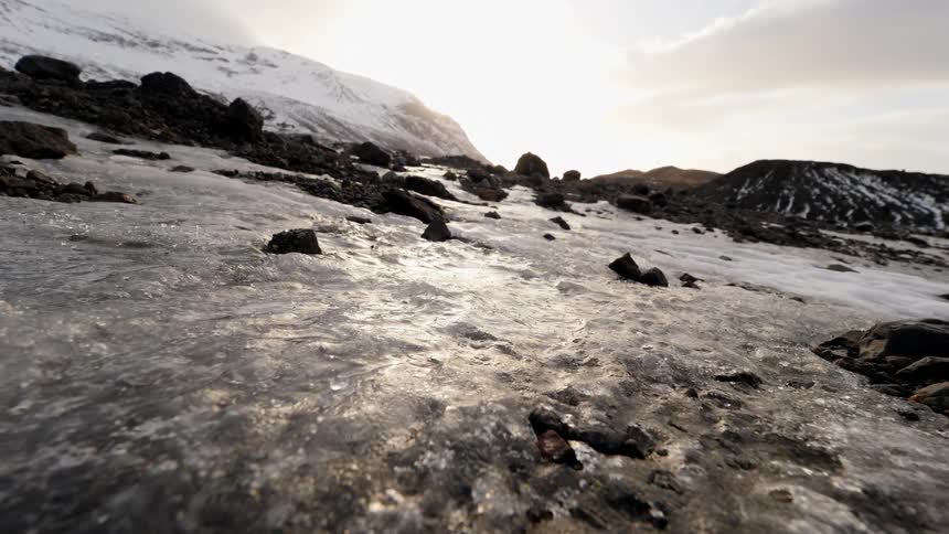 A large patch of ice in  the mountains