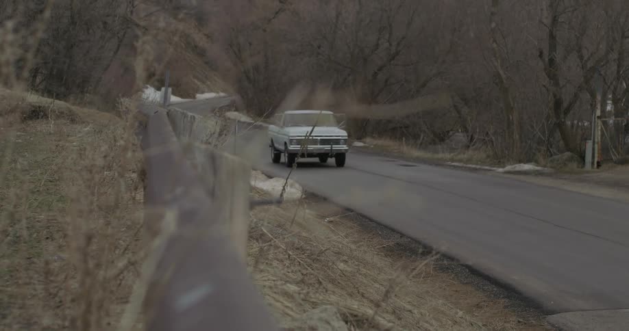 Truck driving down a tree lined country road