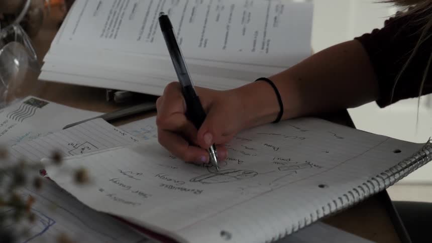 A blond girl does her homework at a desk
