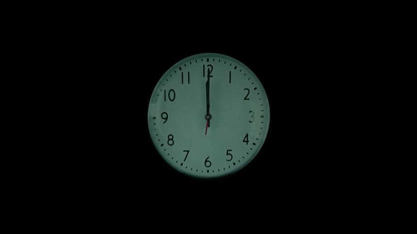 A clock's hands are at twelve o'clock