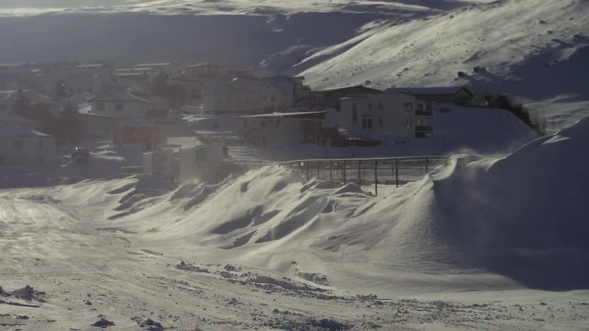 The town is covered in heavy snow