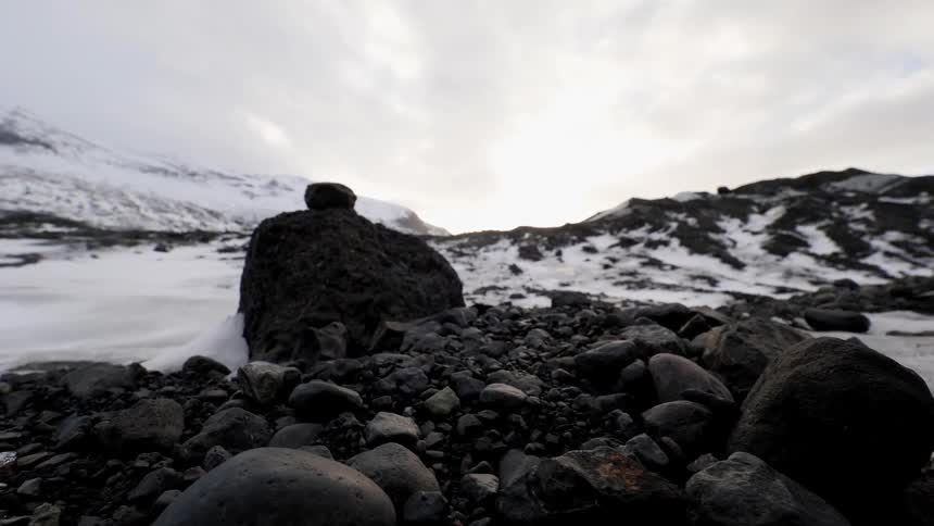 Rocky and snow covered landscape on a sunny day