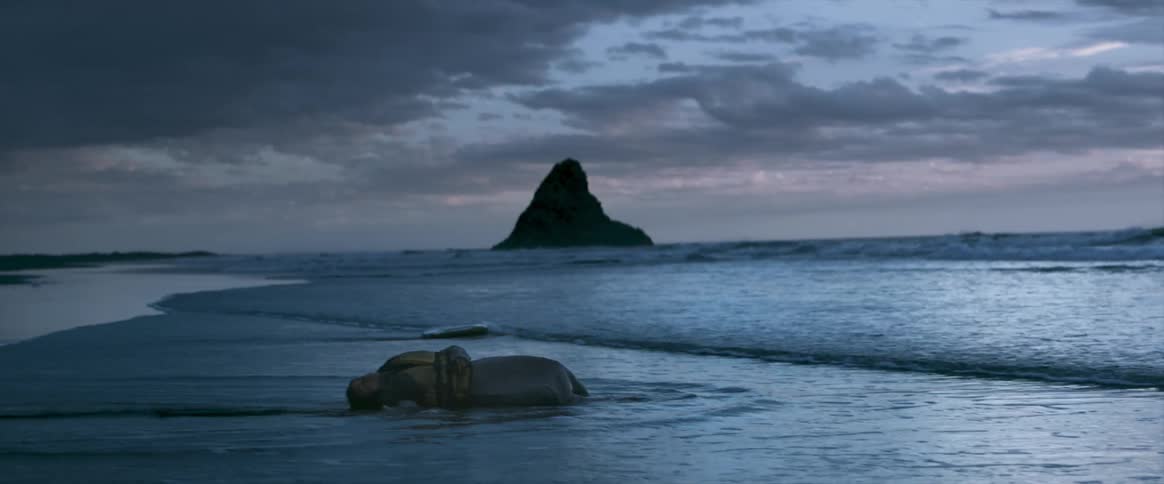 Lifeless body laying on the beach with water splashing on it