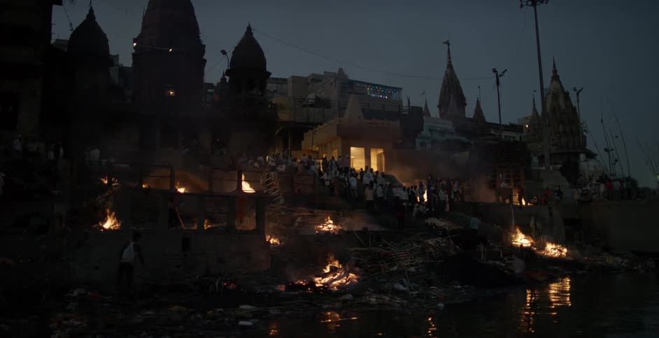 Fires burn in a city