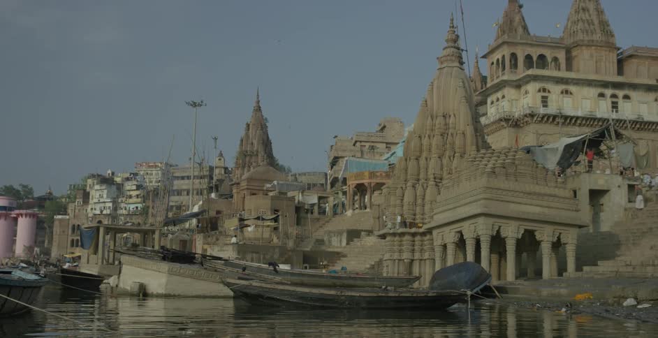 A bird flies past the city and lands on a boat by the shore