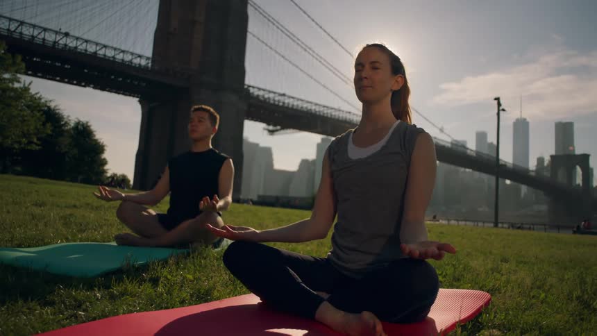 People are doing yoga on a green lawn