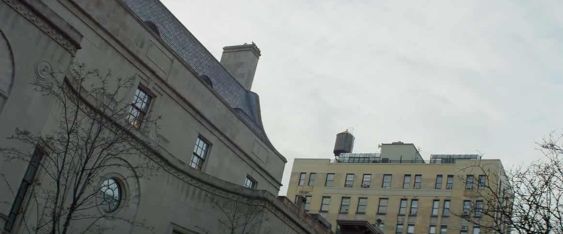 Birds landing on the chimney of a large building