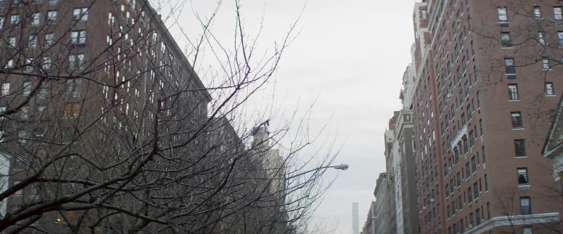 The city street is lined with tall buildings
