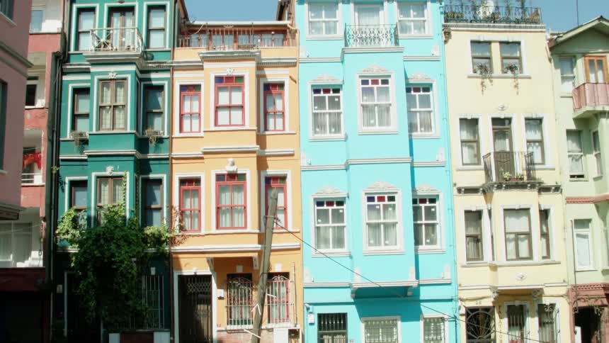 Painted buildings in a city