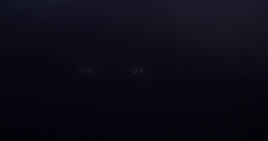 A sports car drives through the haze at night