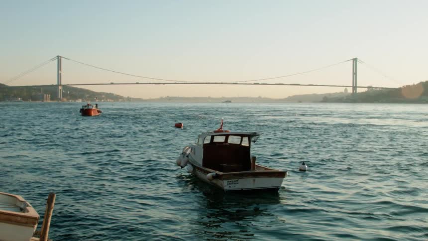 Two boats float in the water by the shore