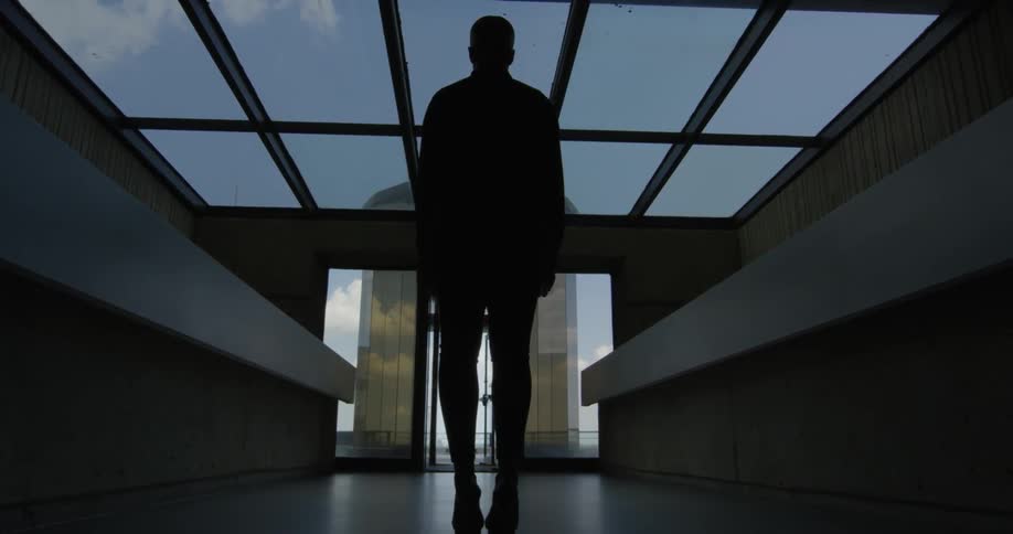 A person is standing under a glass roof looking through it