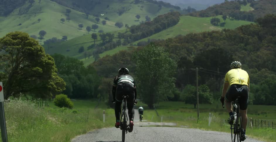 People riding bikes down a country road