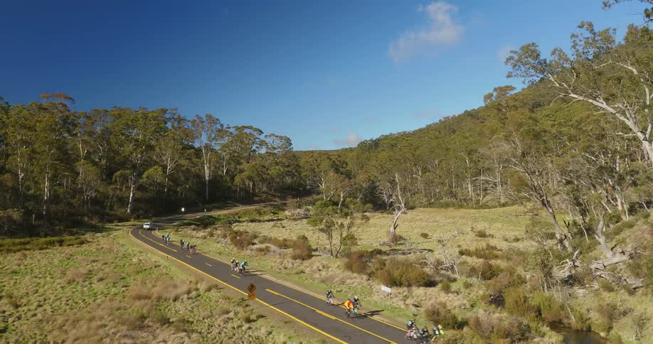 A group of cyclists pedal along a rural road on a sunny day