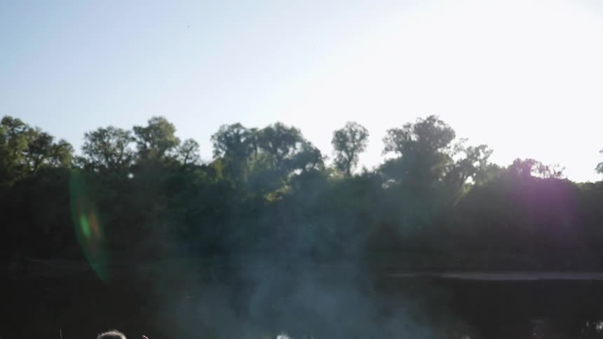 Smoke billowing near trees on a sunny day
