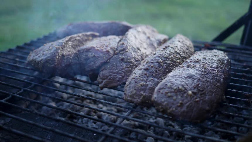 Meat is cooking on a barbecue grill