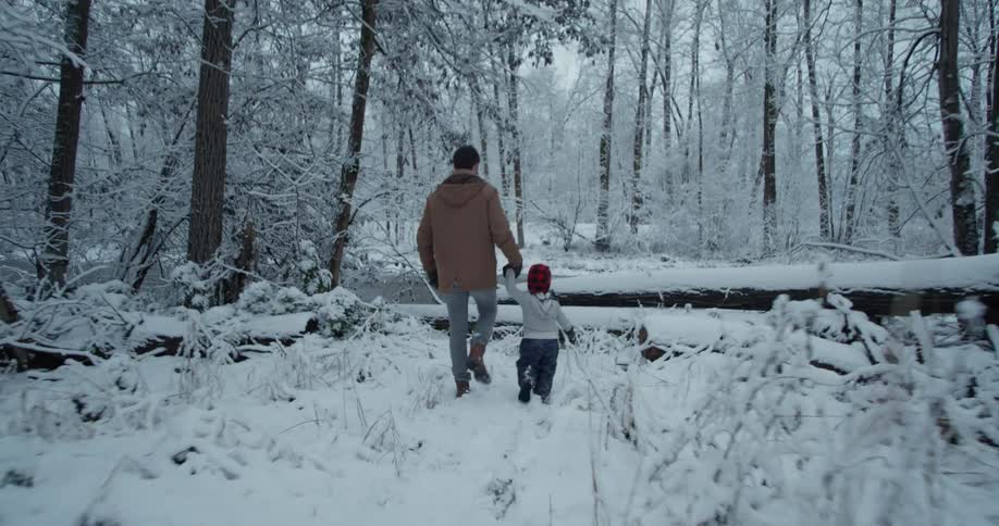 A man walks a young child through the snow