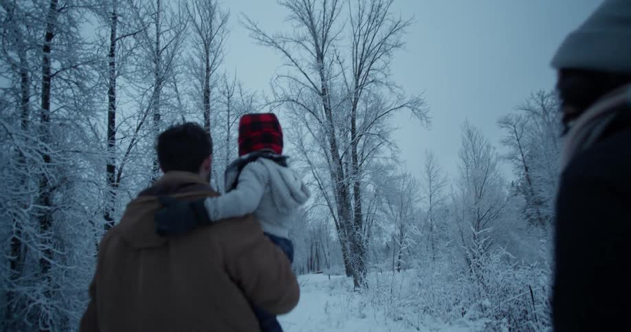 A man carries a child in the snow
