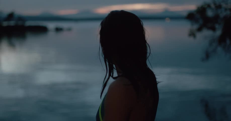 A woman stands by a lake at dusk