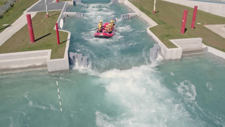 Rafters and kayakers ride on a manmade course