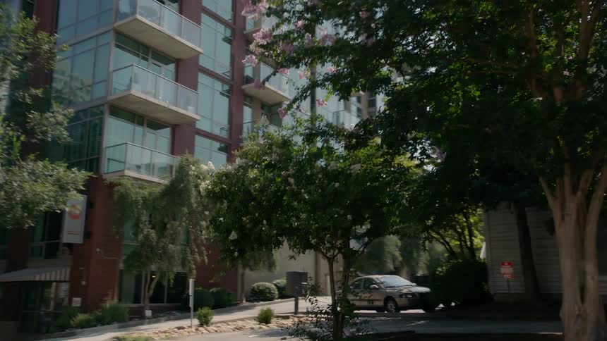 Trees line the street in front of an apartment building with store fronts