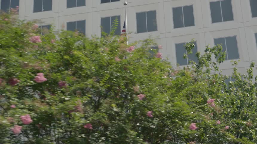 The flag flies in the wind by the building