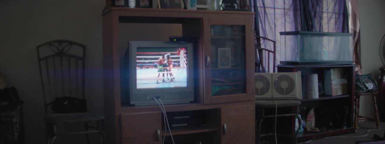 Television displays boxing match in living room
