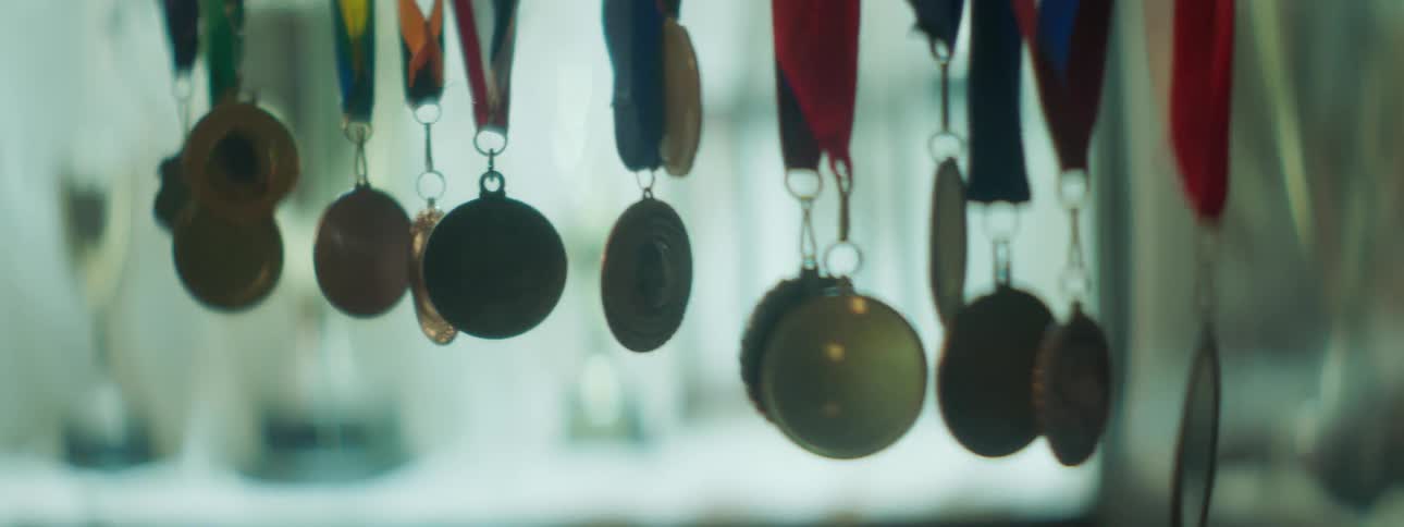 Medals hang and sway in a display