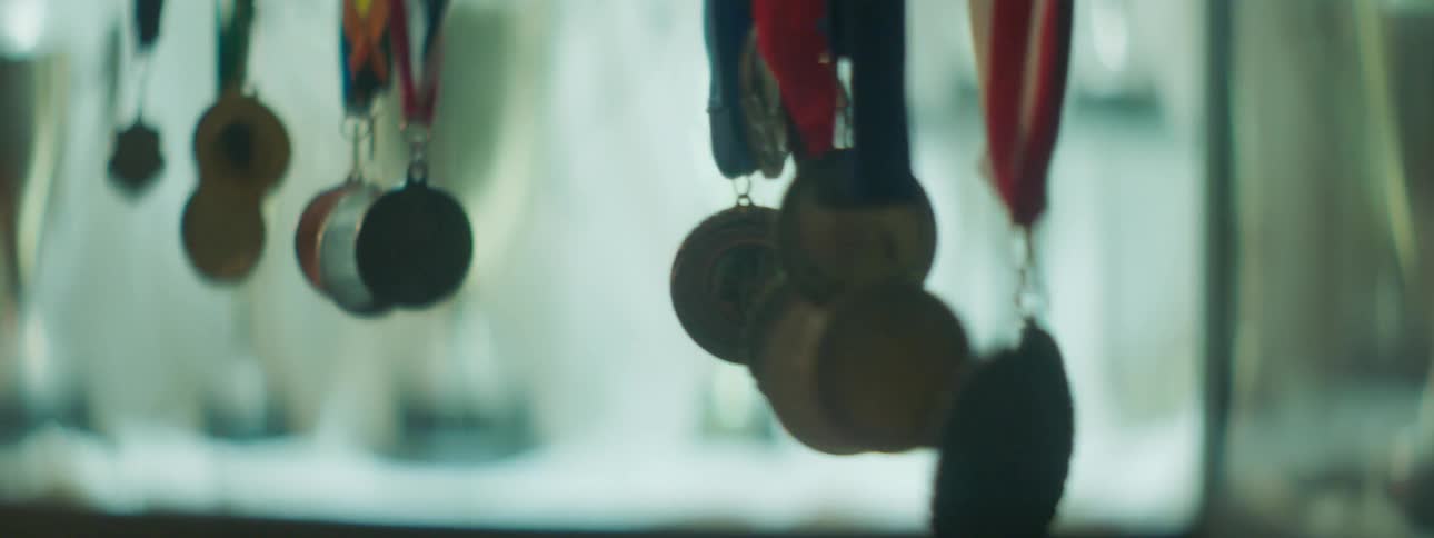 The medals hang swaying back and forth