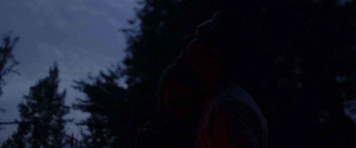 A man and woman are embracing at dusk