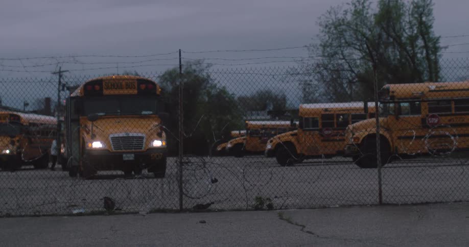 School buses are parked in the parking lot