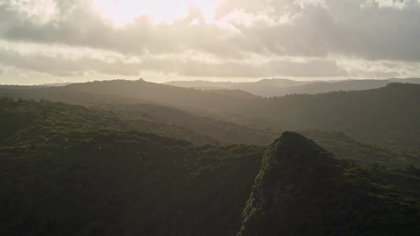 The sun shines on tree covered mountains