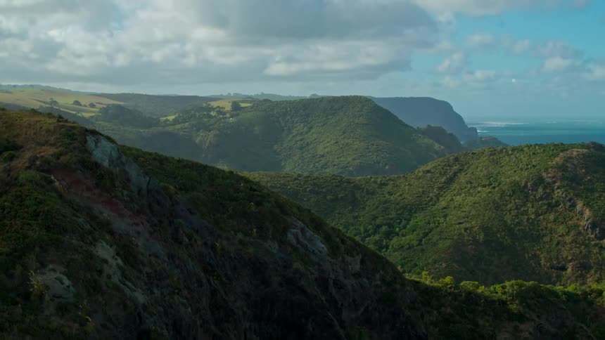 Trees and shrubs cover the tall mountains