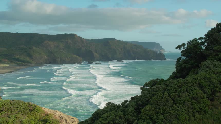 Trees cling to a high ridge overlooking a beach