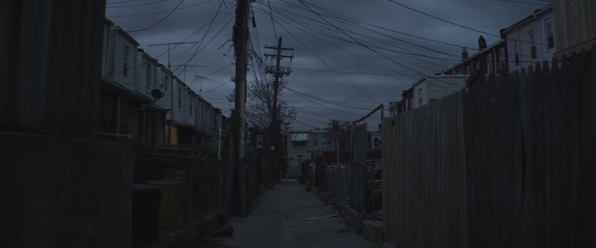 A narrow alley runs between the back of row houses
