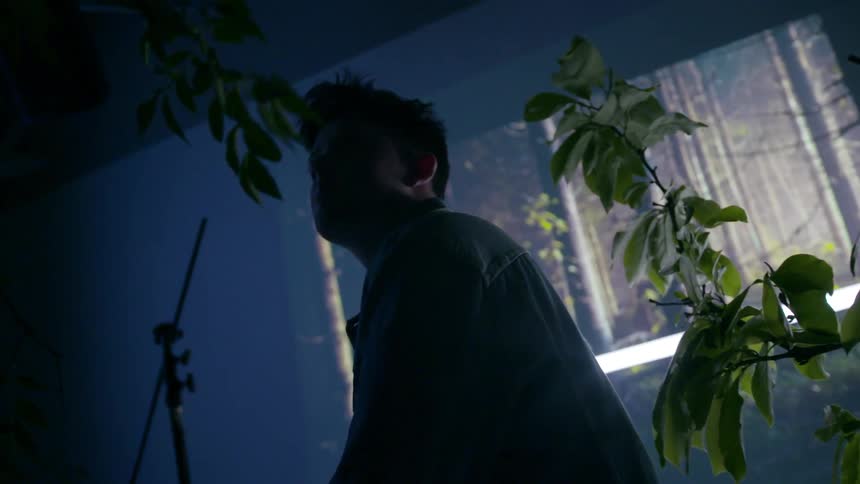 A man stands in front of a forest projection on the wall