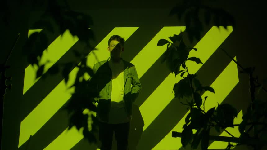 A young man stands in a room with a projection of stripes and hanging plant branches