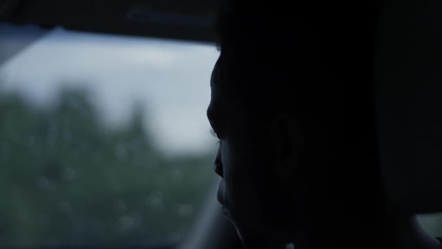 A woman is riding in a car during the day