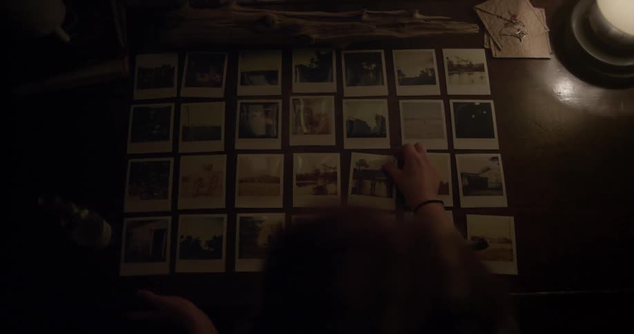 A woman arranges photos on a table
